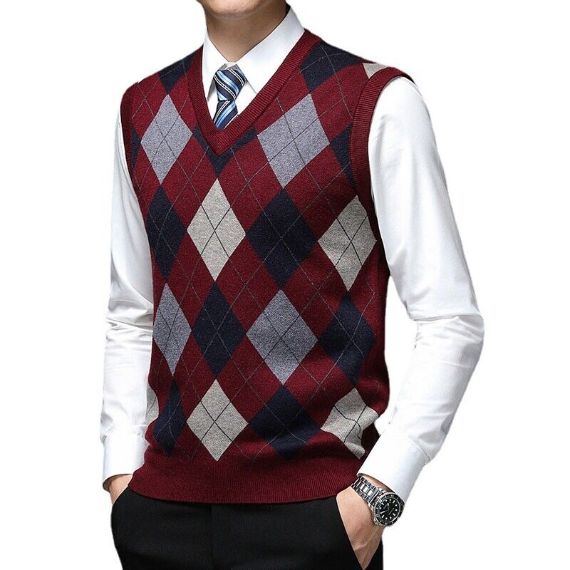 Men Knitted Vest Jacquard Argyle Sleeveless Pullover Jumper Men Knitted Vest Jacquard Argyle Sleeveless Pullover Jumper