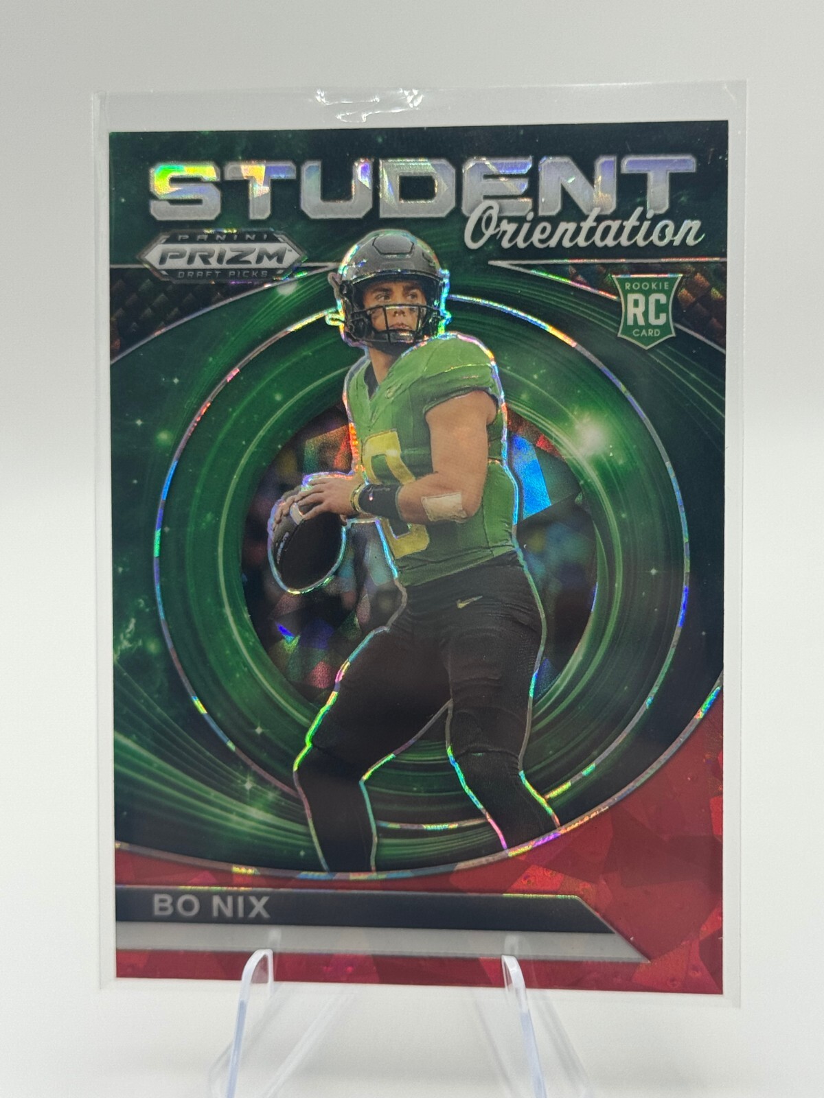 Bo Nix #SO-BN Red Ice Prizm (RC) Student Orientation 2024 Prizm Draft Picks