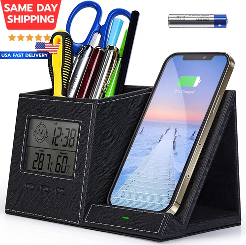 Multifunctional Pen Holder and Organizer for Desk with Wireless Charger, Digital