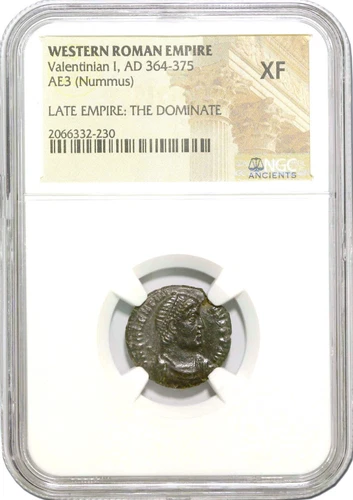 A-DS7 - Western Roman Empire AE3 Valentinian I (AD 364-375) Nummus NGC (XF) Coin
