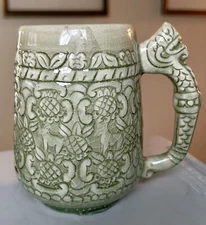 4 - Green Crackle Thai Celadon 16 oz. Beer Mug Dragon Handle Hidden Animals 5”T
