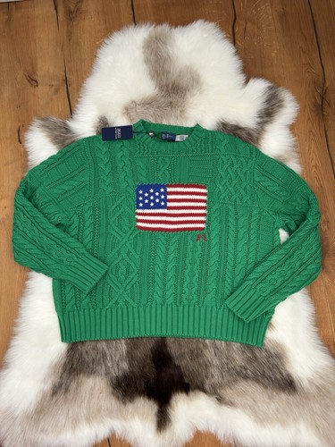 Polo Ralph Lauren Flag Jumper Green Aran Knit American USA Sweater Womens Size M - Picture 2 of 23
