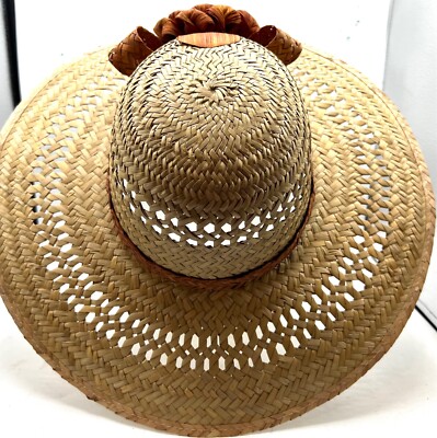 Wide Brim Straw Hat. OS. Rust Colored Straw flower accent 4 