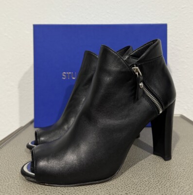Stuart Weitzman Black Leather Jump Peep-Toe Ankle Boot Bootie Zip Sz N 