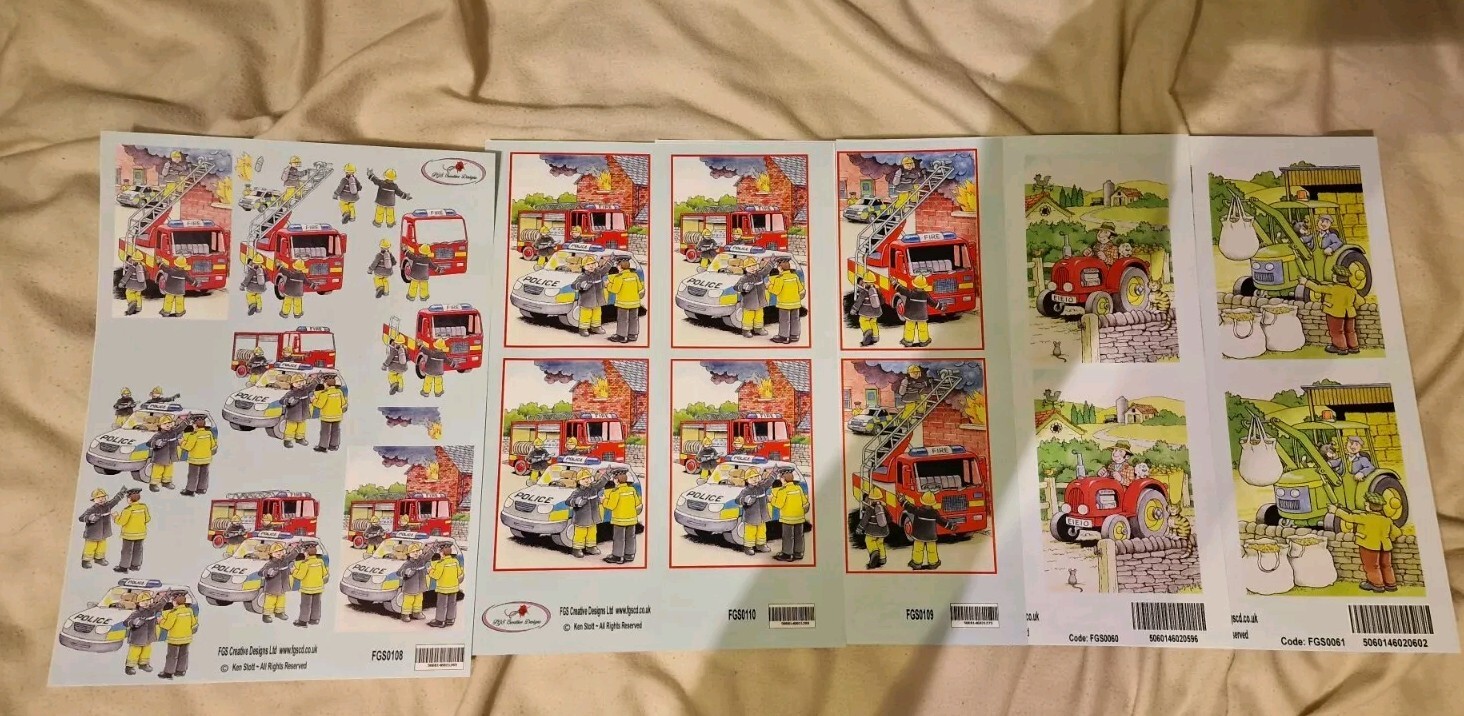 3D Decoupage Sheets Card Making Jobs Fire Engine, Farmer 5 sheets eBay