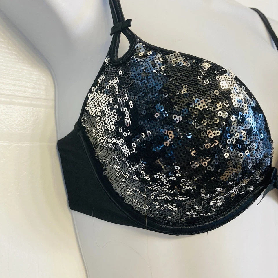 Victoria's Secret Gorgeous Plunge Bling Sequin Bra 32D Thong Panty Set Black - Image 3 of 4