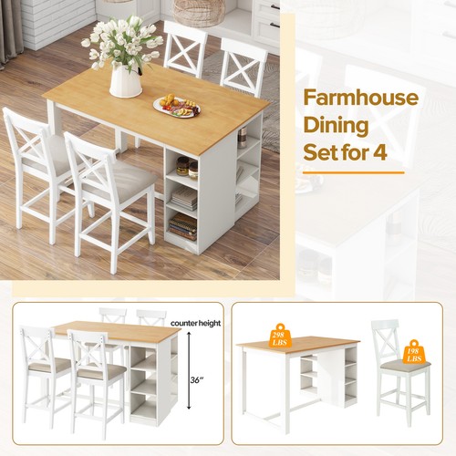 5Piece Dining Table Set Counter Height Dining Table Storage Table 4 Chairs White - Picture 6 of 19