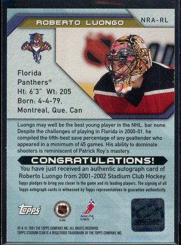 2001-02 Topps Stadium Club Nuevo Régimen Autógrafos #NRARL Roberto Luongo - Imagen 2 de 2
