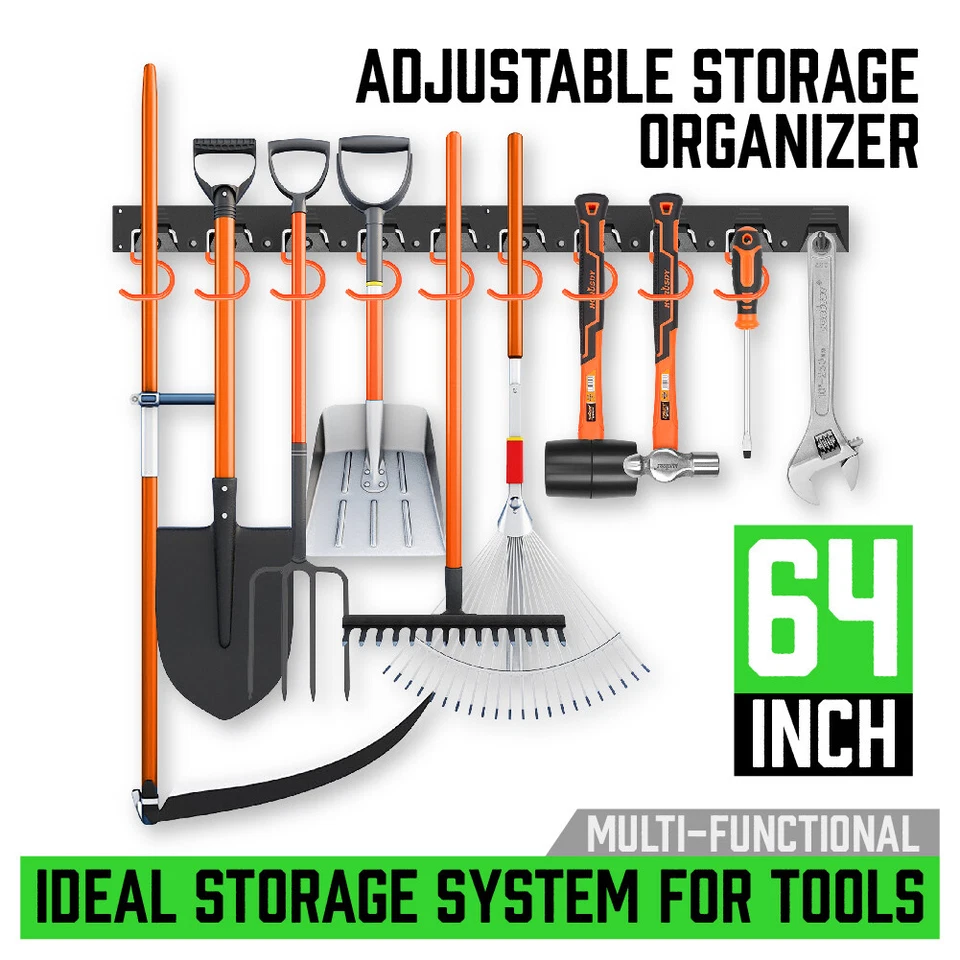 Sistema de armazenamento ajustável 64 polegadas suportes de parede organizador de garagem 4 trilhos 20 ganchos - Imagem 2 de 4