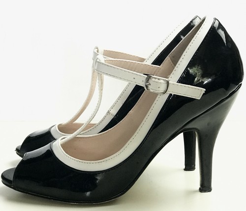 Madison By Shoedazzle Magdelena Black Heels Patent Leather White Trim Size  8.5 | eBay