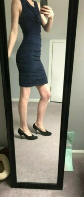 BOSTON PROPER Dress sz 6 Sheath Ruched Stretch Cocktail Bodycon Dark Blue
