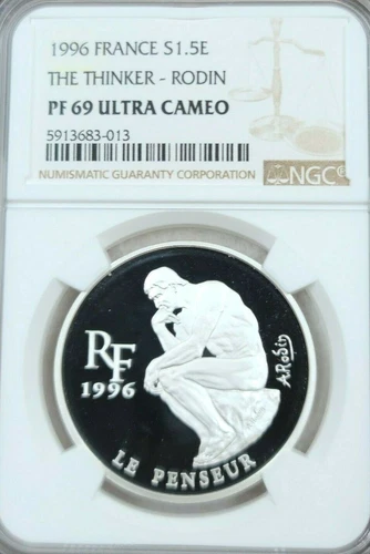 1996 FRANCE SILVER 1.5 EURO THE THINKER RODIN NGC PF 69 ULTRA CAMEO SCARCE !!!