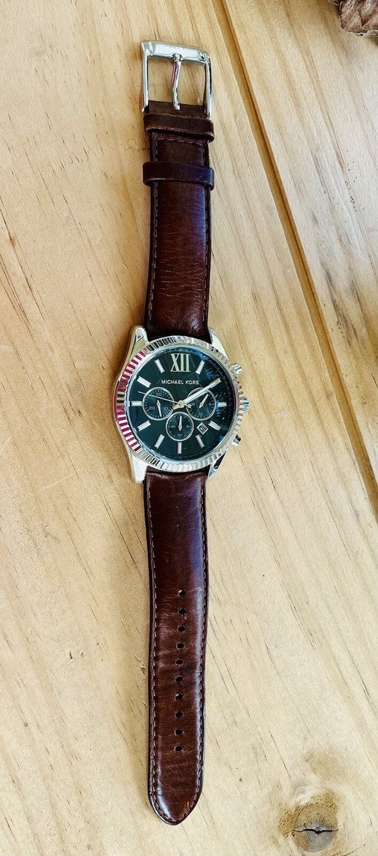 EUC Michael Kors Mens Watch Lexington Brown Leather Black Dial