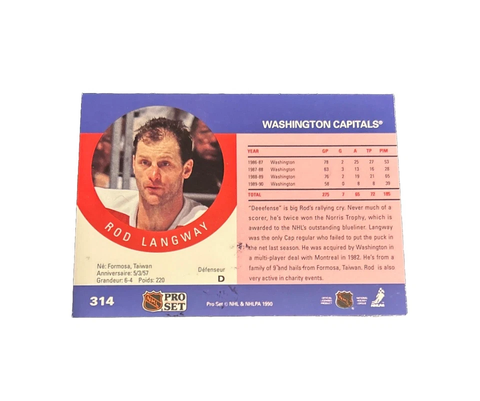 1990 Pro Set Rod Langway on card autographed NHL HOF - Image 2 of 2