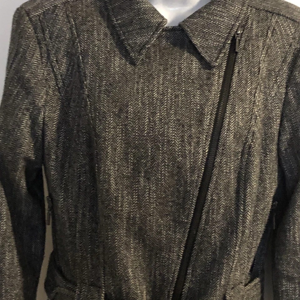Bebe S 8 Crop Wool Moto Blazer Jacket Herringbone Belted Black/White Buckle READ - Image 3 of 4