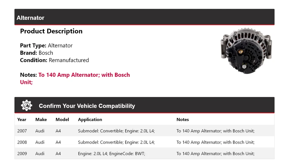 Alternador Bosch para Audi A4 2007-2009 2,0 L L4 (remanufacturado) 2008 Foto 2 de 4