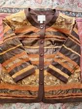 Karin Stevens Jacket Collarless, Buttons, Sz 10 Brown Orange Beige Gorgeous 