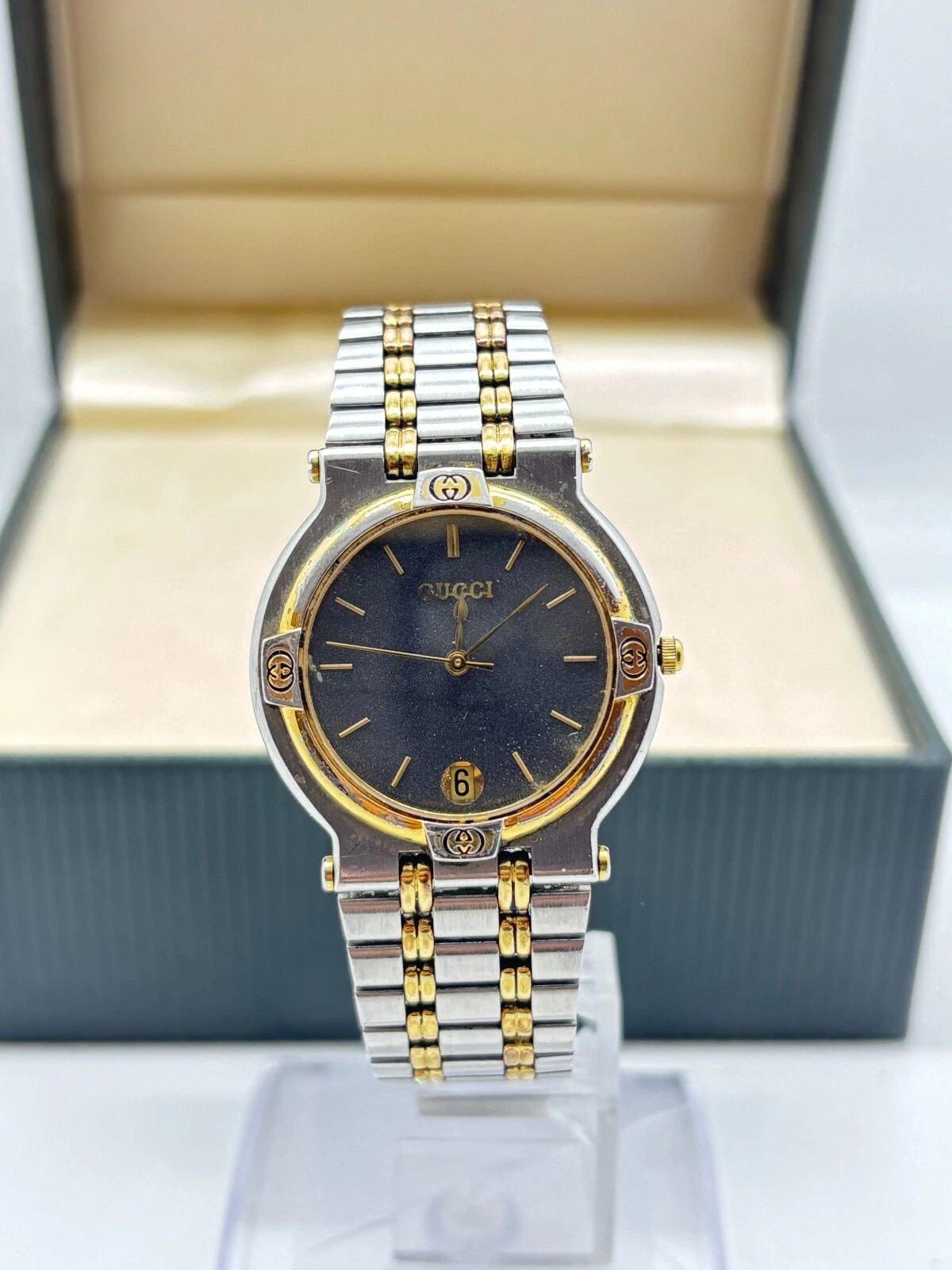 [Exc+5 avec boite] Montre Vintage GUCCI 9000M OR Noir Homme Occasion Fonctionne F/S