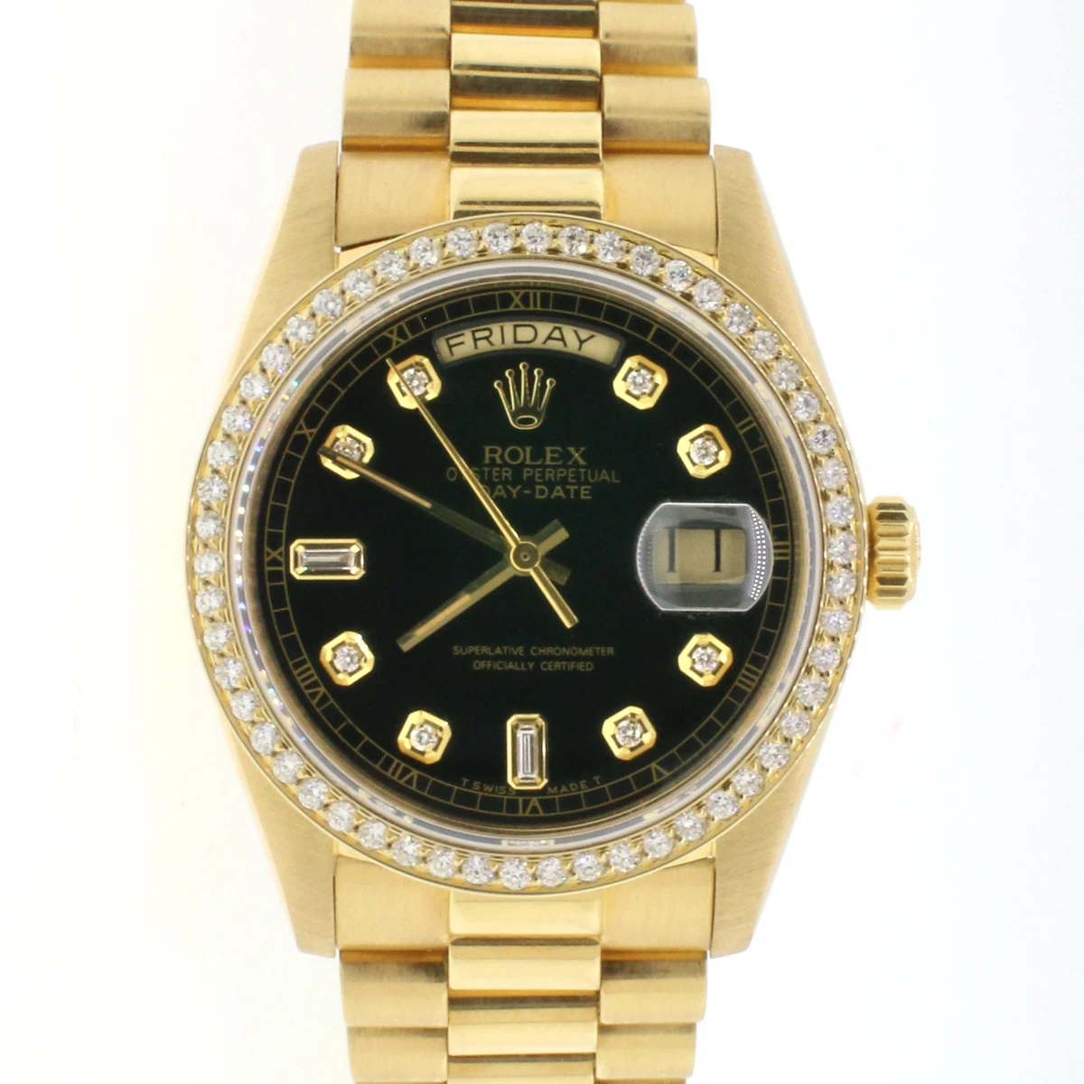 Rolex President Day Date 36mm 18K Yellow Gold Watch with Diamond Bezel Black Dia