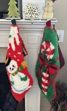 VTG Latch Hook Shag Christmas Stocking Handmade Snowman Candy Cane Large Red Grn