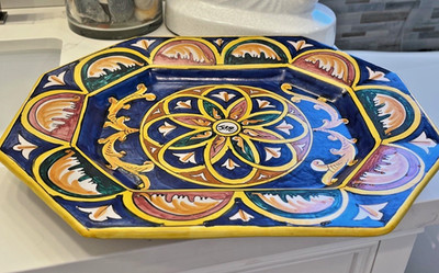 Ceramic Centerpiece Italy Hand-Painted Pierced Wall Plate 16''x13'' Octagon Signed