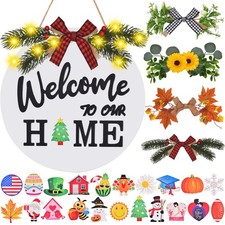 Interchangeable Welcome Home Sign, Front Door Decor With 4 Seasonal Wreaths a...