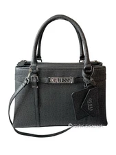 GUESS Perrez Black Coal Faux Leather Satchel Logo Handle Bag With Charm NWT