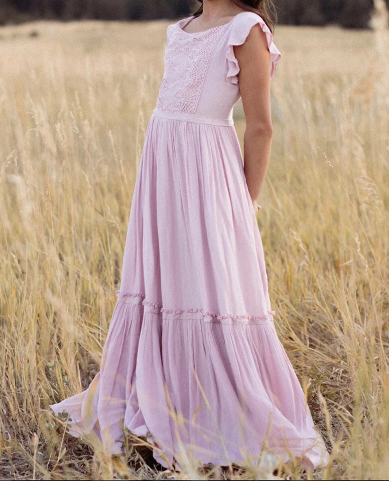 Mia Joy Viola Maxi Dress Violet Pink Full Tiered Skirt Crochet Flutter Girls 12 - Image 2 of 4