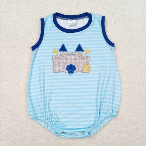 Cute Embroidery Beach Castle Top Woth Shorts Outfit Matching Romper For Sibling - Picture 4 of 9