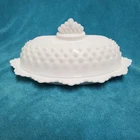 Vintage Fenton Milk Glass Hobnail Oval Butter Dish with Crown Top Lid White