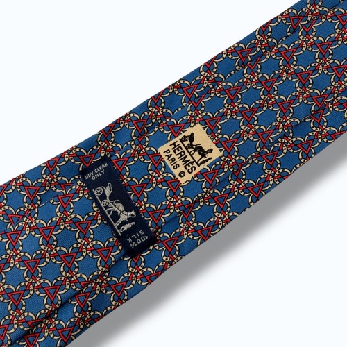 Hermes Necktie Mens 57"L 3.5"W Blue Red Geometric Silk 7515 IA Made in France