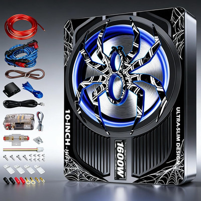 Upgraded 1600W Slim Underseat Car Subwoofer and Amp Package, Powered Sub with Bu