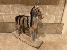 Vintage Hand Carved Wooden  Brass Inlay Rocking Horse Statue Figure