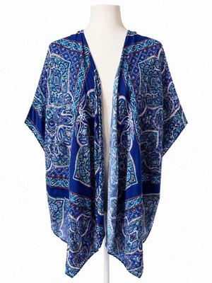 ARTESIA Women s L /XL Blue Paisley Kimono Cardigan Open Front Boho Rayon Ruana