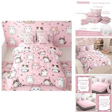 Feelyou Toddler Cat Comforter Set 7 Pieces Pink Kids Bedding