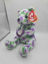 2003 Corsage Beanie Baby White Bear with Purple Flowers with Green Foliage 