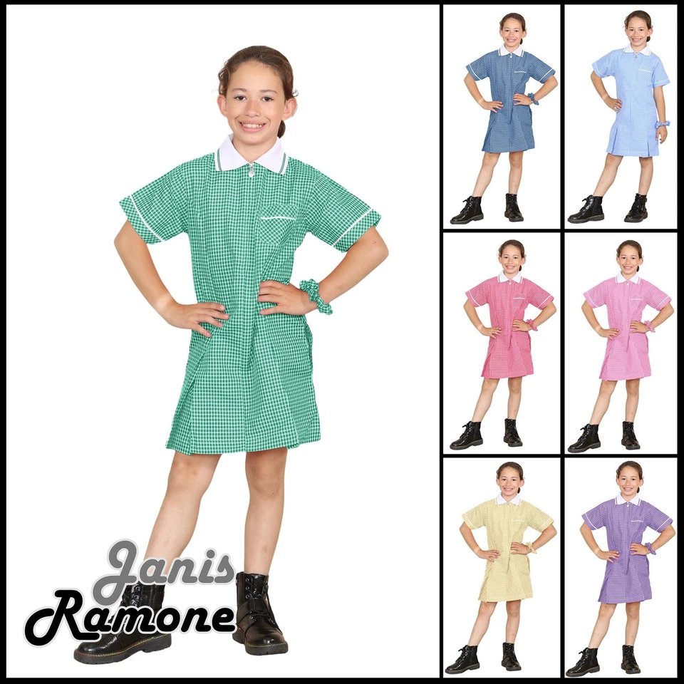 JANISRAMONE Girls Gingham School Dress Short Sleeve Pleated Summer Uniform Dress Pack of 2