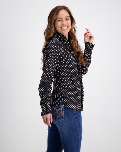 Outback Supply Co,Womens Black Ruffle Shirt with White Spots - Foto 3 di 7