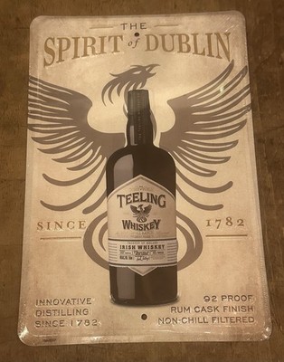 TEELING IRISH WHISKEY DUBLIN IRELAND TIN TACKER SIGN . UNUSED ORIGINAL WRAP .