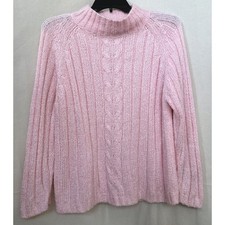 LT by Liz Thomas Baby Pink Cable Knit Ribbed Mock Neck Sweater Sz M Granny Vtg