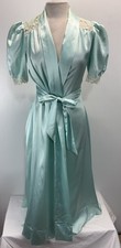 Vtg Christian Dior Satin Robe Womens Blue Green Lace Attached Belt 70s READ