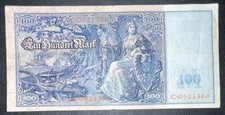 Reichsbanknote 100 Mark Banknote (blau), Seriennr. C-0521366 &ndash; Einzelst&uuml;ck