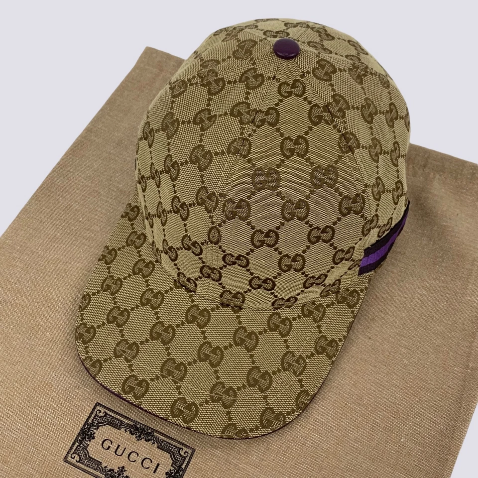 Boné de beisebol Gucci GG monograma roxo listra de teia bege tamanho M - Imagem 4 de 4