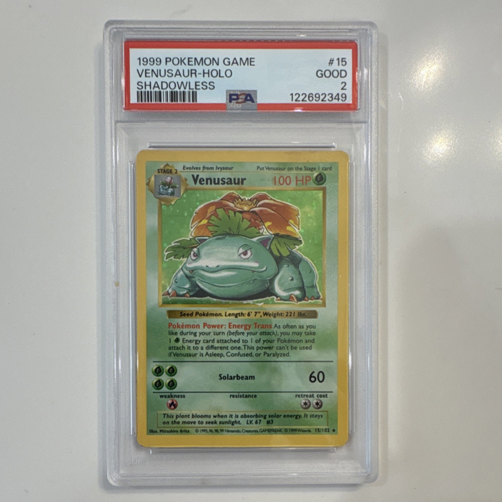 Venusaur 15/102 Base Set Shadowless Holo Rare 1999 PSA 2 Pokémon TCG 6+ English