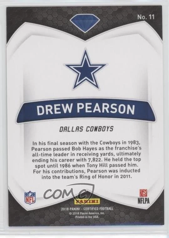 2018 Certified Certified Diamonds Mirror Red /99 Drew Pearson #11 HOF - Image 2 of 2