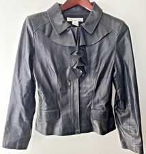 OSCAR DE LA RENTA Women Black Lambskin Jacket sz 8 Silk Lining Front Frill Zip
