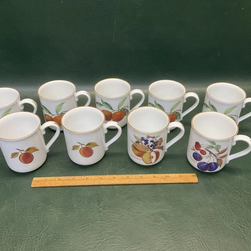 Lot of 9 ROYAL WORCESTER EVESHAM Coffee Mugs Cups Different Fruit ~ England