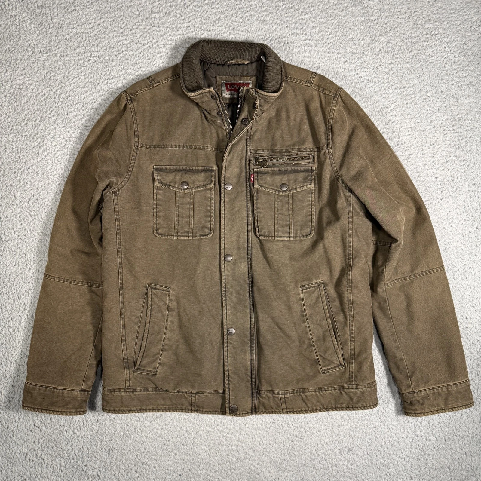 Levi's Jacket Mens M Brown Canvas Workwear Canvas Lined Zip Snap Storm Flap