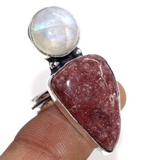 925 Silver Plated Long Rhodonite Rainbow Moonstone Ring Gemstone US 9.5 GW
