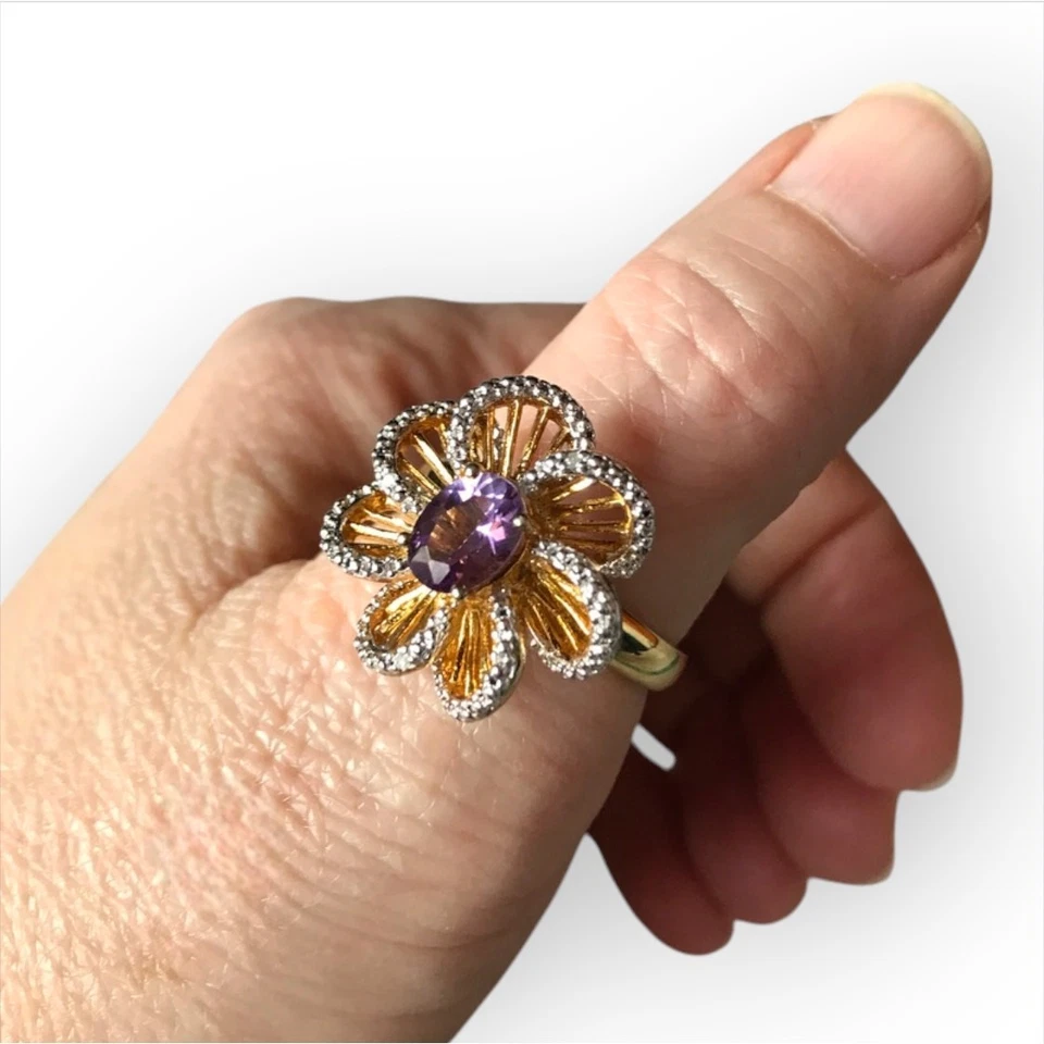 Anillo de cóctel LENOX 925 cristal esterlina flor talla 10 - imitación amatista, firmado Foto 4 de 4